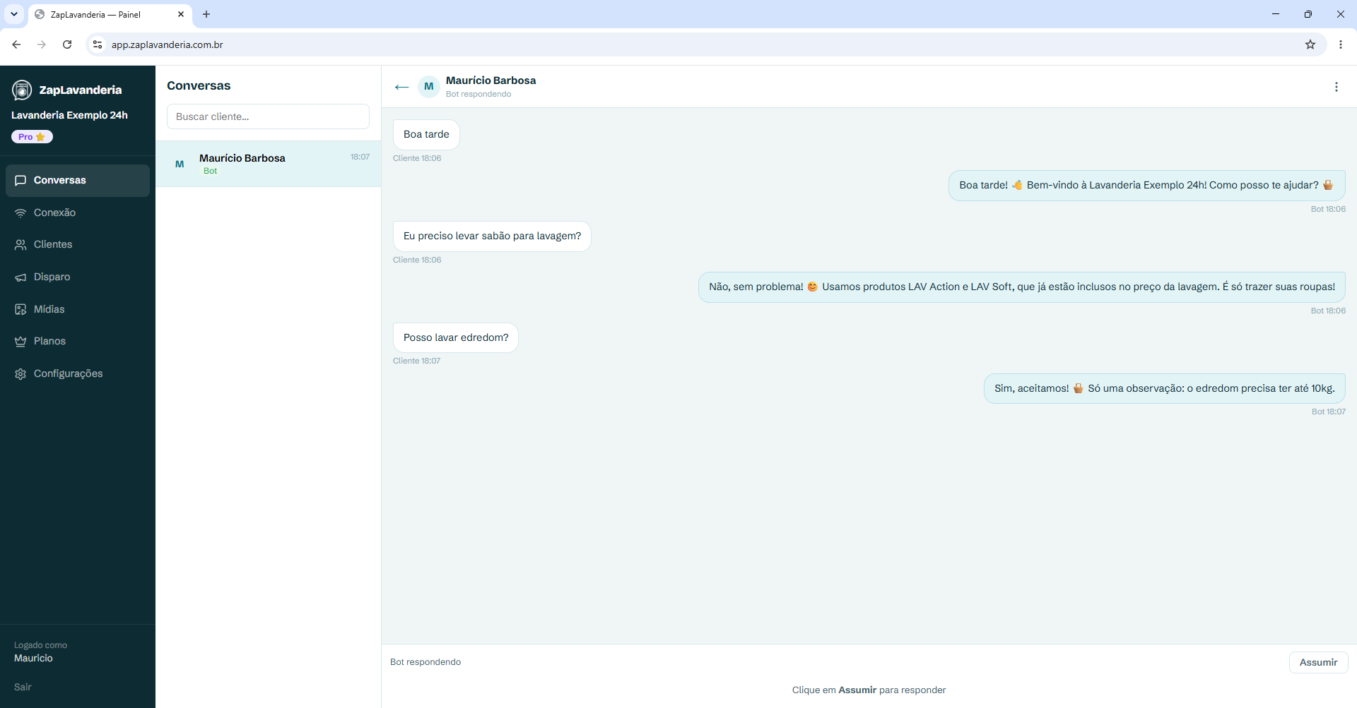 Painel de conversas em tempo real